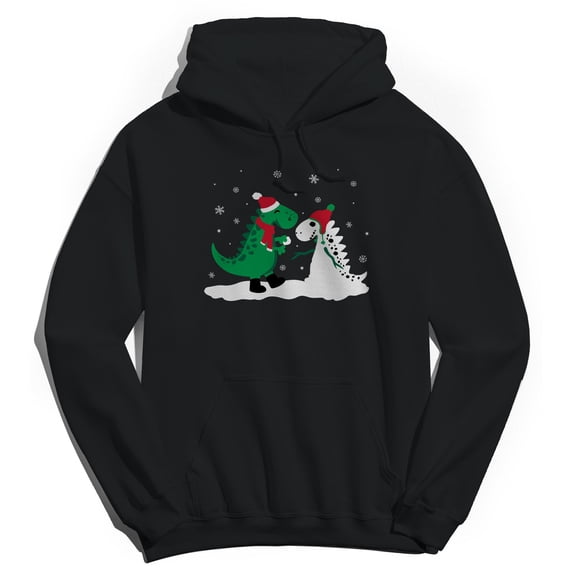 Christmas Holiday Dino Snow Graphic Black Men's Cotton Pullover Hoodie