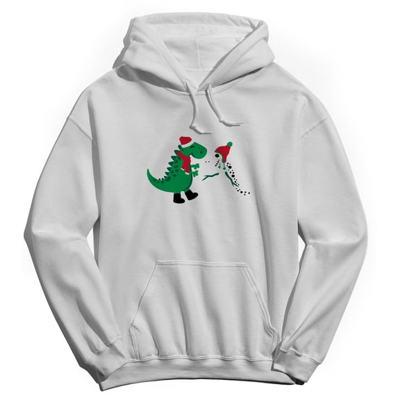 Christmas Holiday Dino Snow Graphic White Men's Cotton Pullover Hoodie