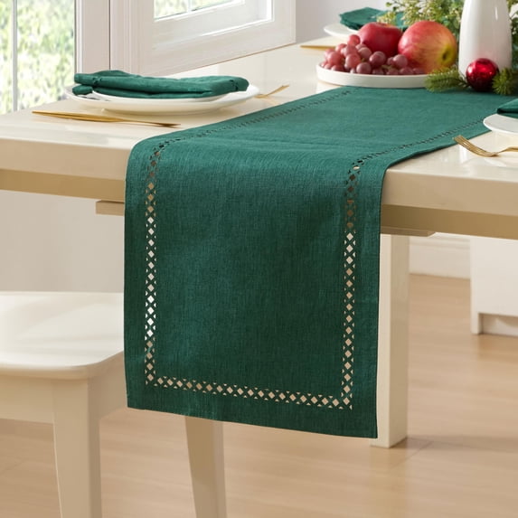 Holiday Evergreen Provence Lattice Cutwork 70 inch Long Fabric Dining Table Runner