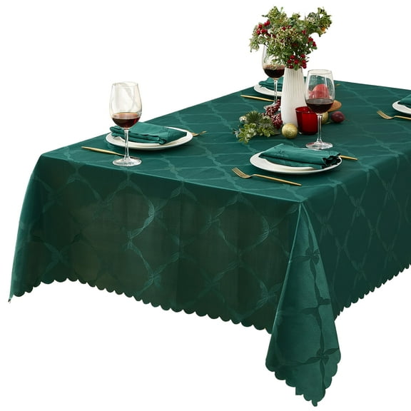 Christmas Holiday Evergreen Ribbons and Bows Damask 60 x 84 inch Rectangle Fabric Tablecloth