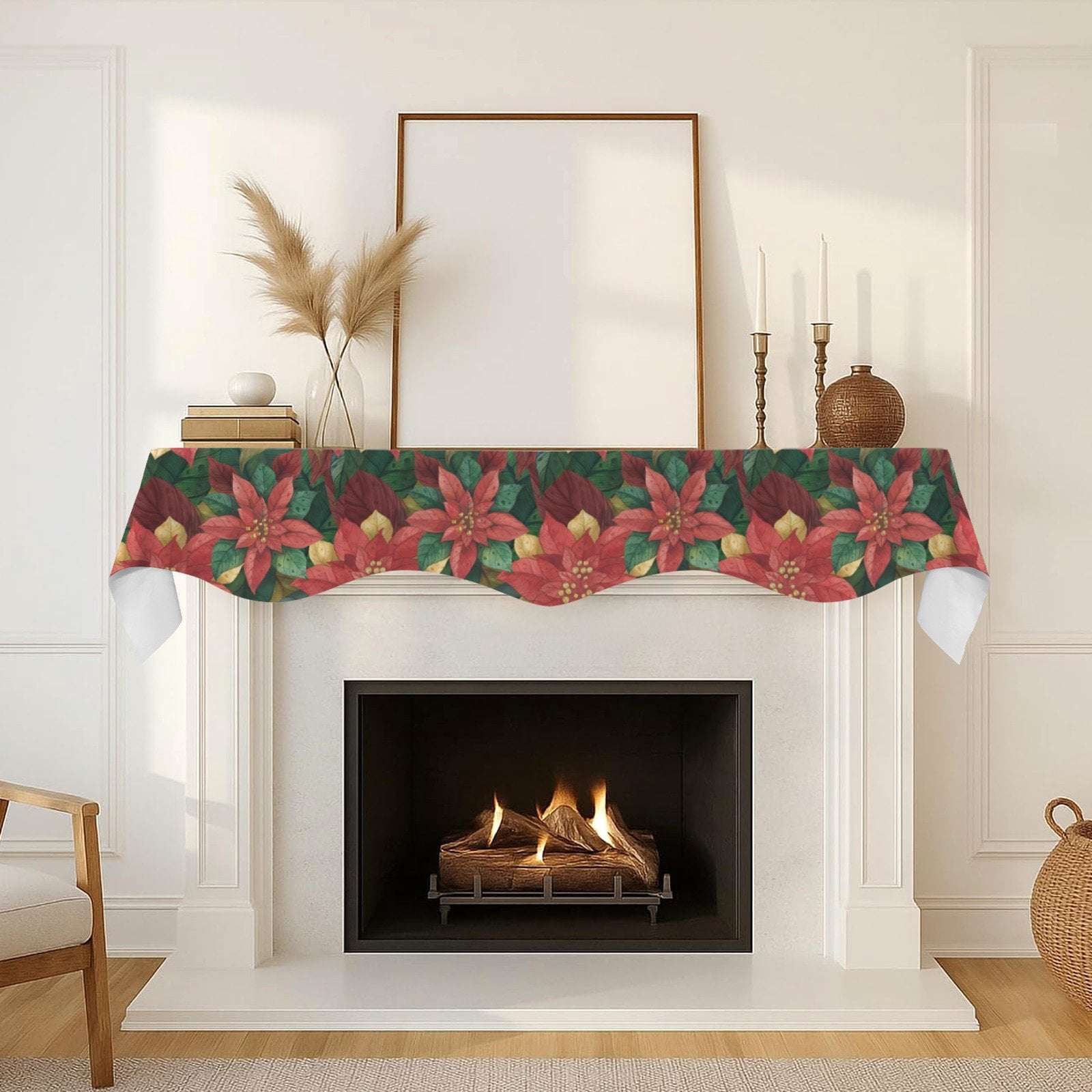 Christmas Holiday Fireplace Mantel Scarf | Poinsettia | Mantle Runner