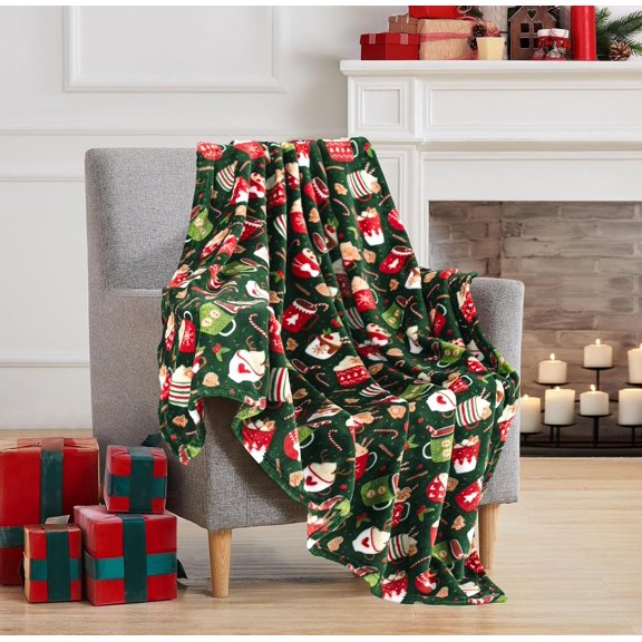 Christmas Holiday Fleece Throw Blanket: Velvety Soft, Durable Accent for Bed or Couch, Green Red White Hot Cocoa, 50 x 60 inches