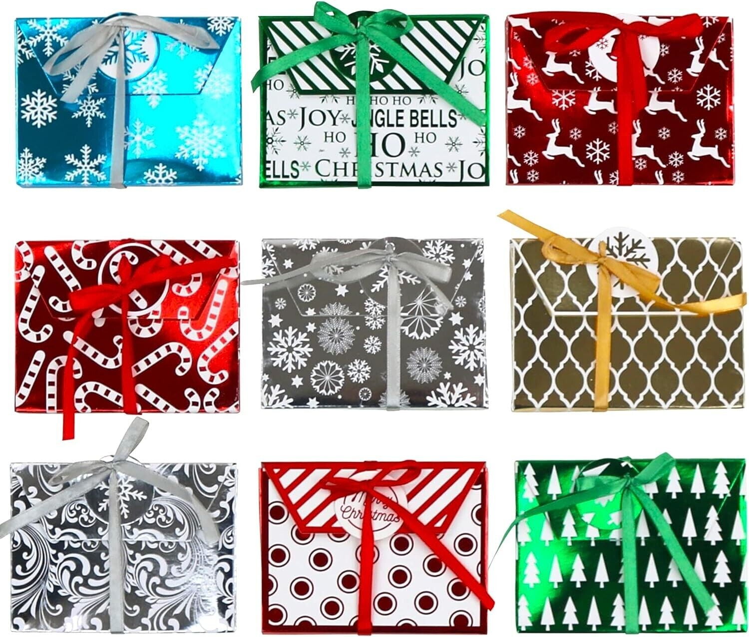 Christmas Holiday Foil Embossed Gift Card Holder Xmas Money Boxes with Ribbonset of 18