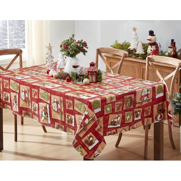 Christmas Holiday Forest Animal Friends 52 x 70 inch Rectangle Vinyl Flannel Back Dining Tablecloth