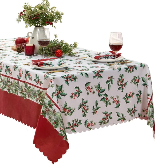 Christmas Holiday Green and Red Nature’s Poinsettia 60 x 144 inch Rectangle Fabric Dinner Tablecloth