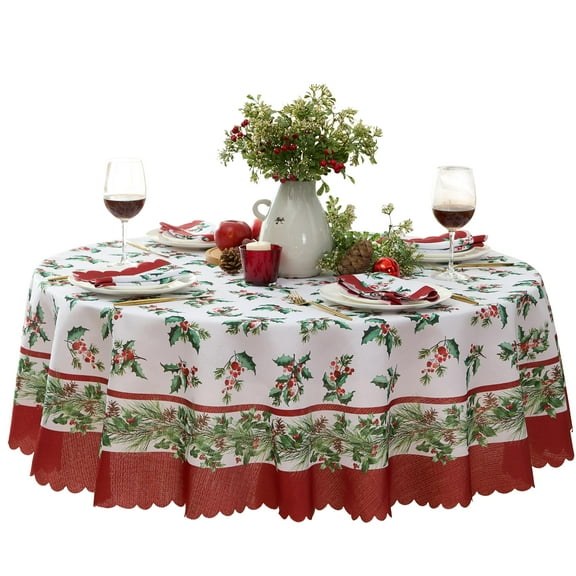 Christmas Holiday Green and Red Nature’s Poinsettia 70 inch Round Fabric Dinner Tablecloth