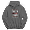 thumbnail image 1 of Christmas Holiday Happy Haulin' Graphic Charcoal Men's Cotton Pullover Hoodie, 1 of 1
