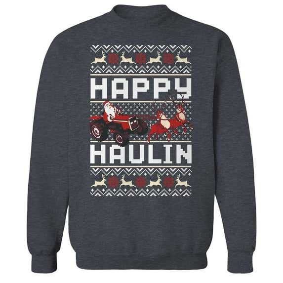 Christmas Holiday Happy Haulin' Graphic Dark Heather Men's Cotton Pullover Sweatshirt