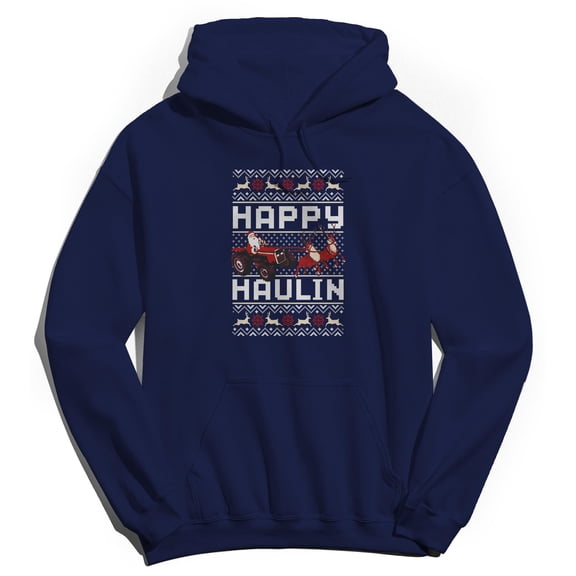 Christmas Holiday Happy Haulin' Graphic Navy Men's Cotton Pullover Hoodie