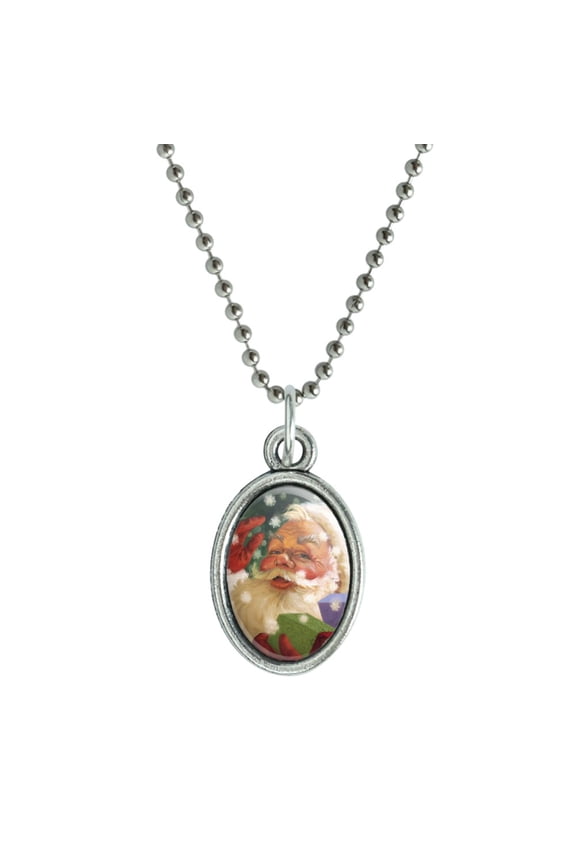 Christmas Holiday Hello Santa Claus Antiqued Oval Charm Pendant with Chain