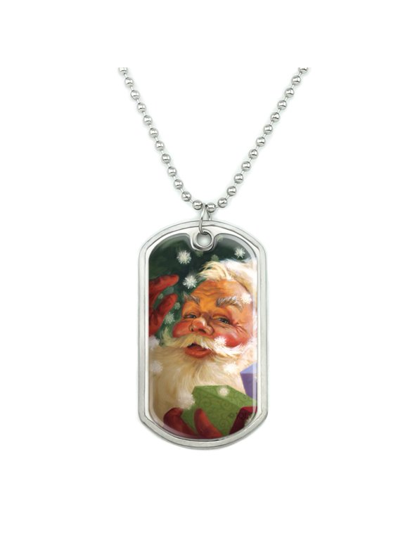 Christmas Holiday Hello Santa Claus Military Dog Tag Pendant Necklace with Chain