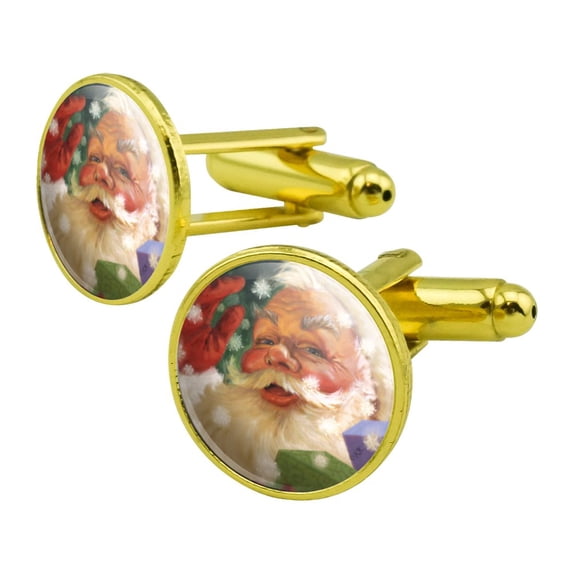 Christmas Holiday Hello Santa Claus Round Cufflink Set Gold Color