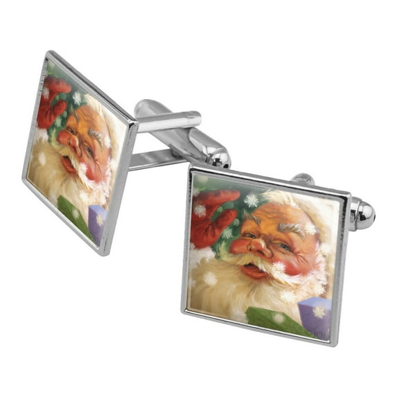 Christmas Holiday Hello Santa Claus Square Cufflink Set - Silver or Gold