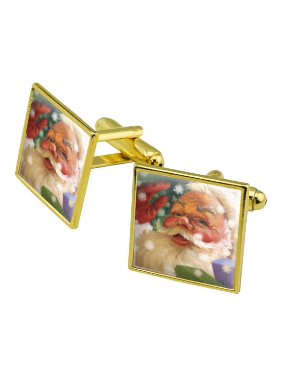 Christmas Holiday Hello Santa Claus Square Cufflink Set - Silver or Gold