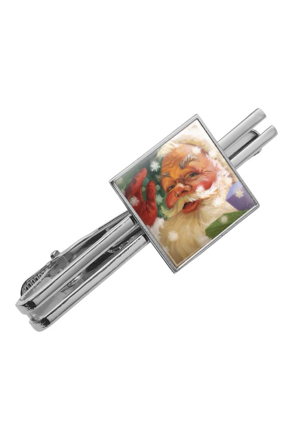 Christmas Holiday Hello Santa Claus Square Tie Bar Clip Clasp Tack- Silver or Gold