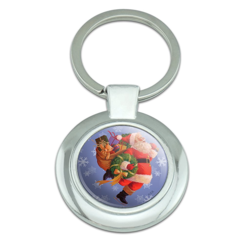 Santa Key Rings Christmas Holiday Here Comes Santa Keychain Classy Round Chrome Plated ...