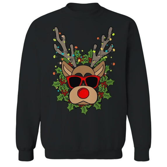 Christmas Holiday Holiday Reindeer Head Graphic Black Men's Cotton Pullover Sweatshirt