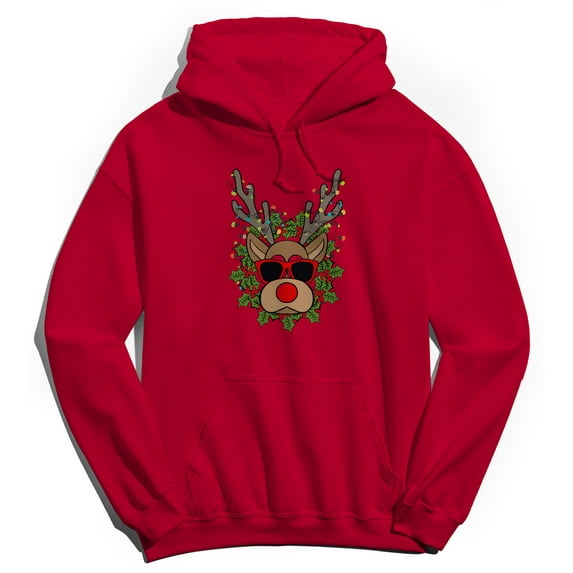 Christmas Holiday Holiday Reindeer Head Graphic Red Men's Cotton Pullover Hoodie