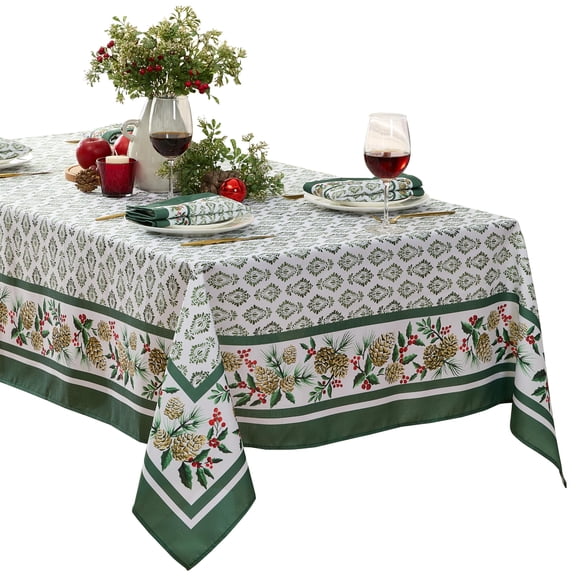 Christmas Holiday Holly Pinecone Hunter Green Border 60 x 102 inch Rectangle Fabric Dinner Tablecloth