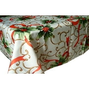 Christmas Holiday Holly Ribbon Scroll Polyester Printed Fabric Tablecloth 52"x70" Rectangular