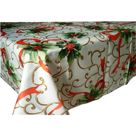 Christmas Holiday Holly Ribbon Scroll Polyester Printed Fabric Tablecloth 52"x90" Rectangular