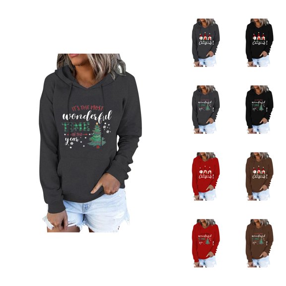 Christmas Holiday Hoodies for Women 2025 Long Sleeve Xmas Graphic Hooded Sweatshirt with Pockets Pullover Tops