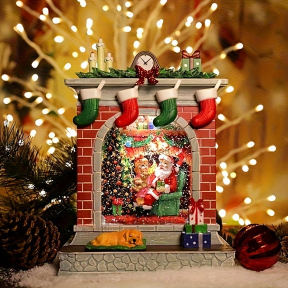 Christmas Holiday Illumination Santa Fireplace Musical Water Globe Glitter Spinner Battery Operated Timer & USB Yuletide Light-Up Snow Globe Household Adornment