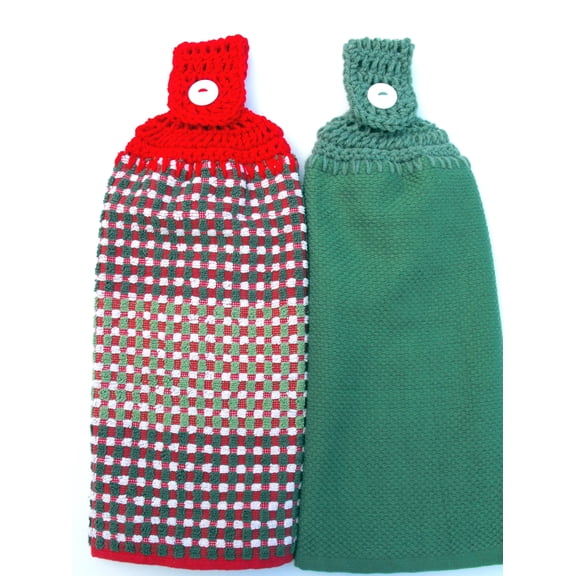 Christmas Holiday Kitchen Towel Sets - Red/Green gingham & Green - 2 Handmade Double Thick with Handmade Crochet Toppers