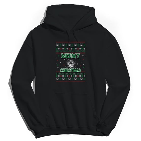 Christmas Holiday Meowy Xmas Sweater Print Graphic Black Men's Cotton Pullover Hoodie