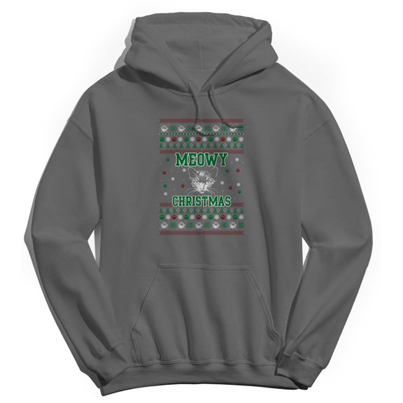 Christmas Holiday Meowy Xmas Sweater Print Graphic Charcoal Men's Cotton Pullover Hoodie