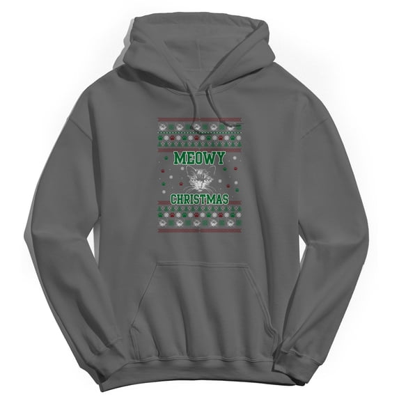 Christmas Holiday Meowy Xmas Sweater Print Graphic Charcoal Men's Cotton Pullover Hoodie