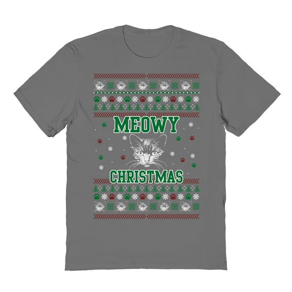 Christmas Holiday Meowy Xmas Sweater Print Graphic Charcoal Men's Cotton T-Shirt