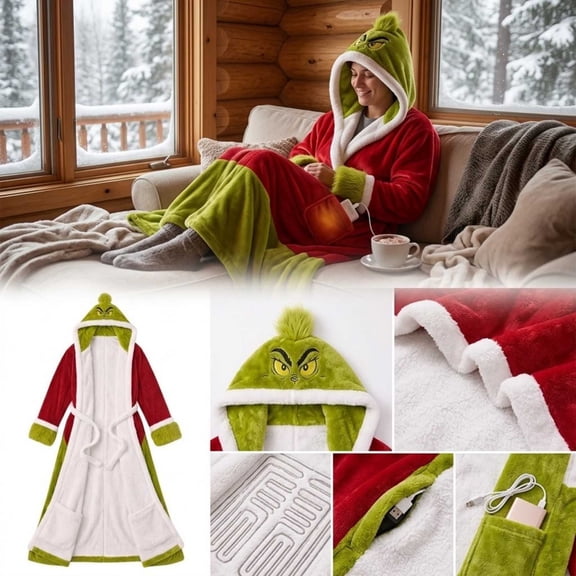 Christmas Holiday Monster Hooded USB Heated Wearable Blanket Cozy Plush Flannel Wrap Robe with Large Pockets for Winter in Red and Green 1 Pack
