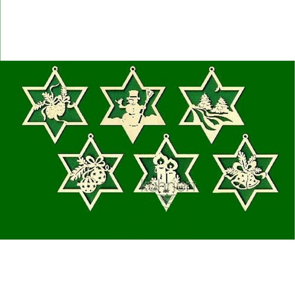 Christmas Holiday Motifs Wooden Simple Stars German Tree Ornaments Set of 6