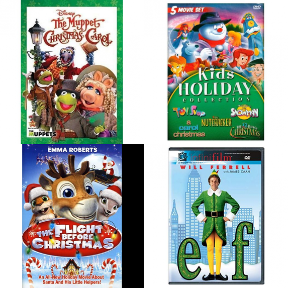 Christmas Holiday Movies DVD 4 Pack Assorted Bundle: The Muppet Christmas Carol, Kids Holiday Collection, The Flight Before Christmas, Elf