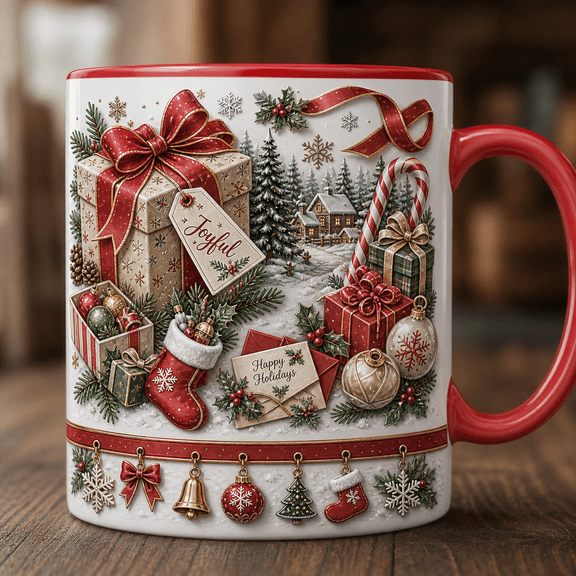 Christmas Holiday Ceramic Coffee Mugs Festive Wrapped Gifts Winter Ribbon Gift 11 oz 15 oz