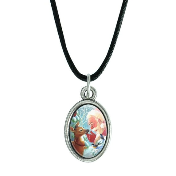 Christmas Holiday New Fawn Deer and Santa Antiqued Oval Charm Pendant with Black Satin Cord