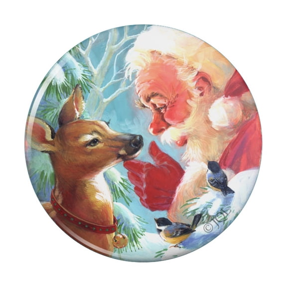 Christmas Holiday New Fawn Deer and Santa Pinback Button Pin