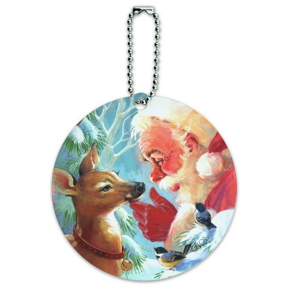 Christmas Holiday New Fawn Deer and Santa Round Luggage ID Tag Card Suitcase Carry-On