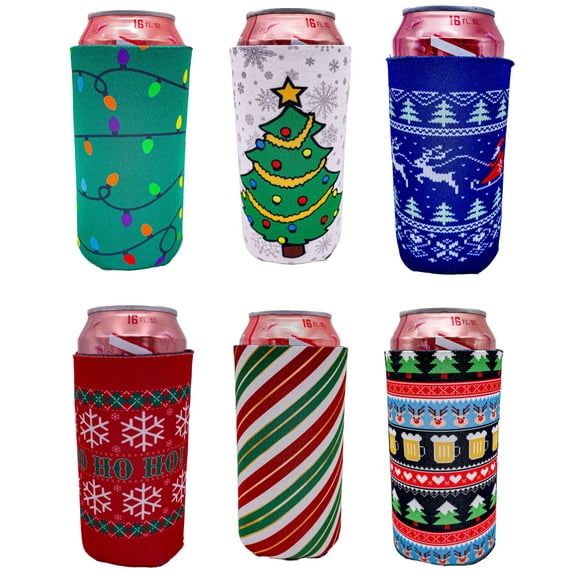Christmas Holiday Pattern 16 oz. Can Coolie Variety 6 Party Pack