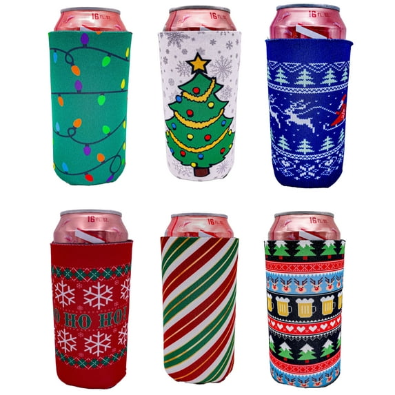 Christmas Holiday Pattern 16 oz. Can Coolie Variety 6 Party Pack