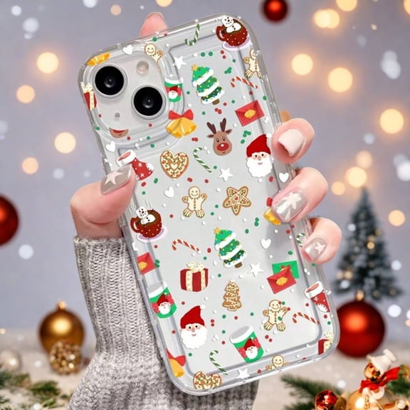 Christmas Holiday Pattern Clear Soft TPU Protective Phone Case with Santa Gingerbread Reindeer Design for iPhone 17 Pro Max