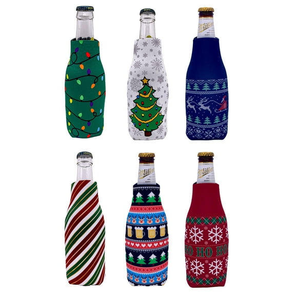 Christmas Holiday Pattern Zipper Beer Bottle Coolie Variety 6 Party Pack