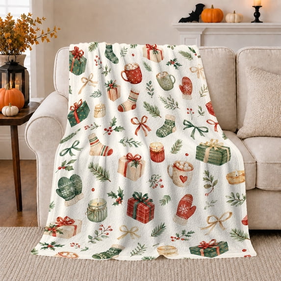 Christmas Holiday Patterns Wrapped Gifts Pine Sprigs Watercolor, Festive Holiday Scene, Warm Flannel Blanket for Living Room and Family Room, Art Lovers Christmas Gift, Festive Home Decor