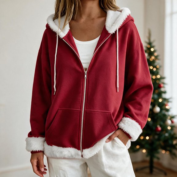 Christmas Holiday Picks,Hooded Zip Jacket,fleece outer with white fur trim on cuffs and hood,women,casual warm christmas daily outerwear Gift