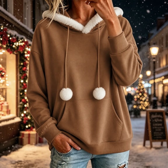 Christmas Holiday Picks,Pom Pom Hoodie,soft fabric hoodie with white fur lined hood and pom pom drawstrings,women,festive loose fit christmas sweatshirt Gift