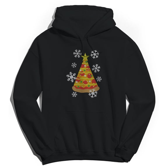 Christmas Holiday Pizza Tree Graphic Black Men's Cotton Pullover Hoodie