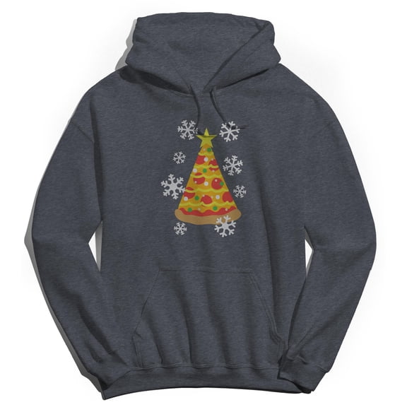 Christmas Holiday Pizza Tree Graphic Dark Heather Grey Men's Cotton Pullover Hoodie