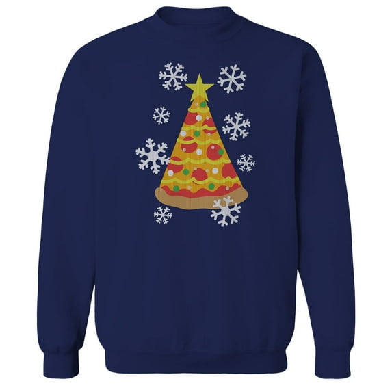Christmas Holiday Pizza Tree Graphic Navy Men's Cotton Pullover Sweatshirt