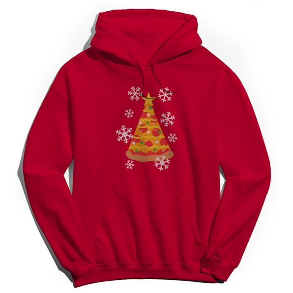 Christmas Holiday Pizza Tree Graphic Red Men's Cotton Pullover Hoodie